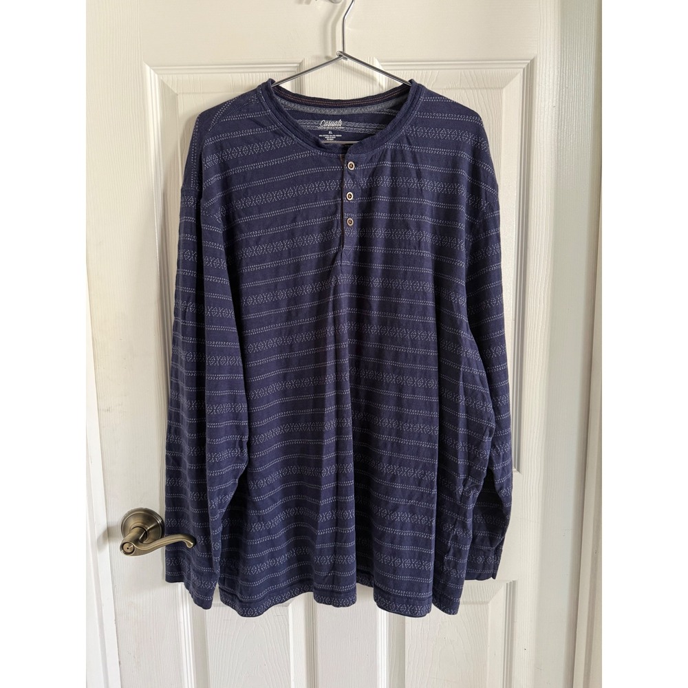 Roundtree & Yorke Mens XL Navy Blue Striped Long Sleeve Henley Shirt Casuals